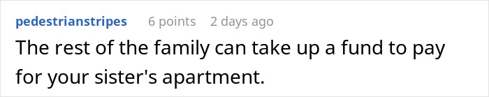 Comment on a social media post about family demanding 33k, suggesting raising funds for sister&rsquo;s apartment instead.