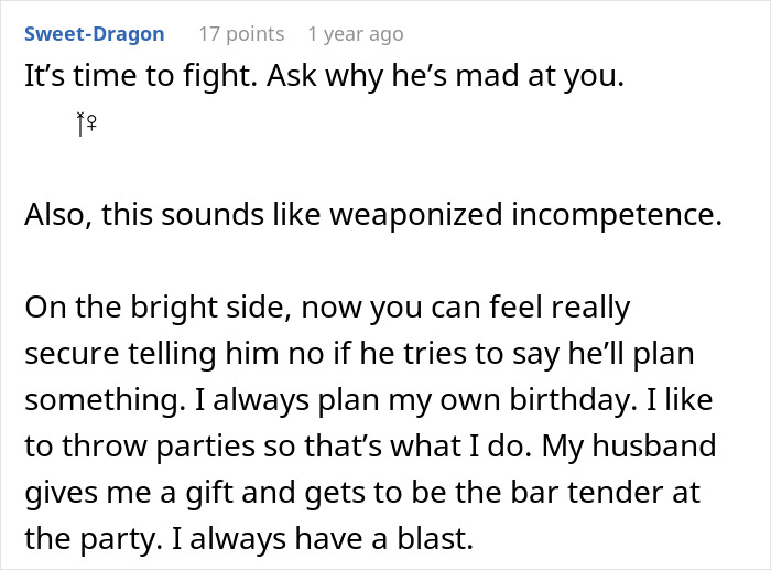 Comment excerpt discussing husband’s birthday surprise causing conflict and leading to marriage therapy after years together. - 32