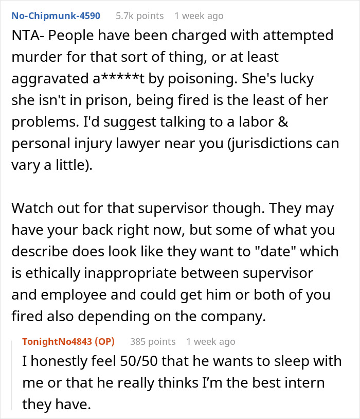 Comment thread discussing intern hospitalized after coworker brings cupcakes, advice on labor and personal injury lawyer.