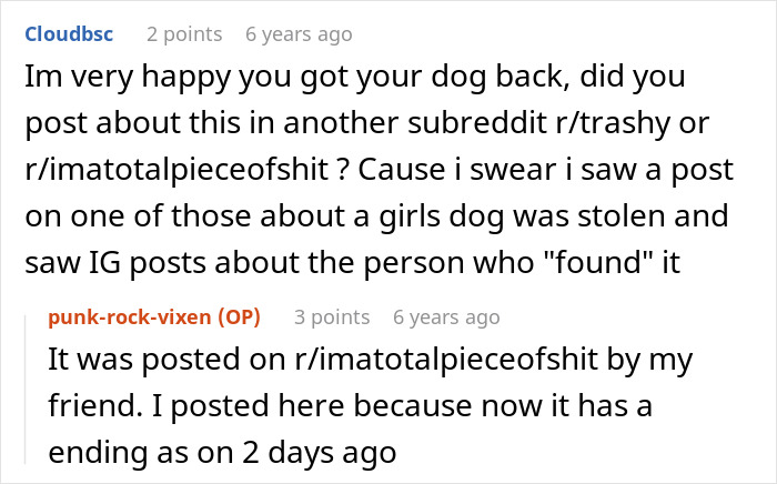 Conversation discussing a husky dog theft and owner's loud revenge shared on Reddit threads. - 44