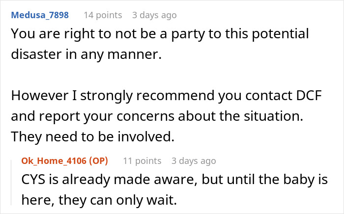 Reddit conversation discussing a family feud after a lady encourages her disabled daughter to get pregnant.