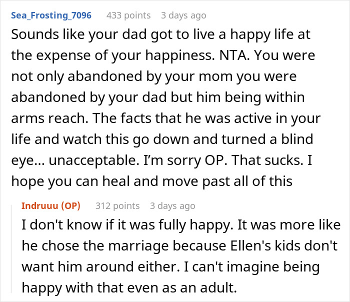 Reddit conversation about 20-year-old refusing family dinner after rejection by stepsiblings and dad's indifferent reaction.