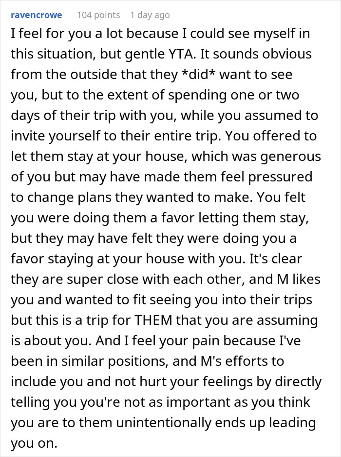 Text post discussing feelings of being excluded from friends' trips and not being treated like a hotel by close friends. Text post discussing feelings of being excluded from friends' trips and not being treated like a hotel by close friends.