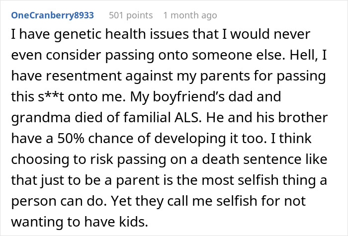 User comment expressing concerns about genetic condition risks when having children, highlighting selfishness in passing on illness. User comment expressing concerns about genetic condition risks when having children, highlighting selfishness in passing on illness.