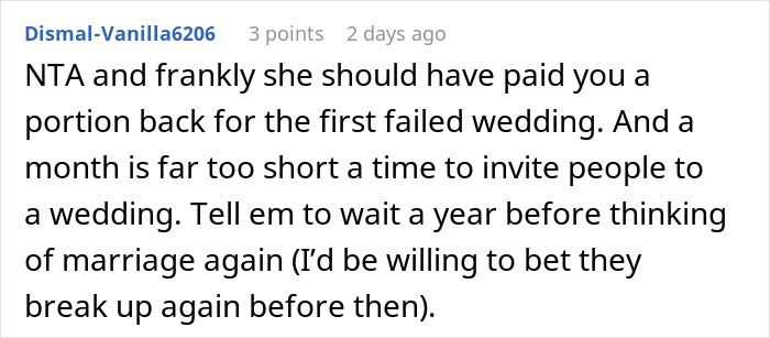Comment discussing man shelling out $22,500 for daughter's failed wedding and skipping real one to hang out with pals.