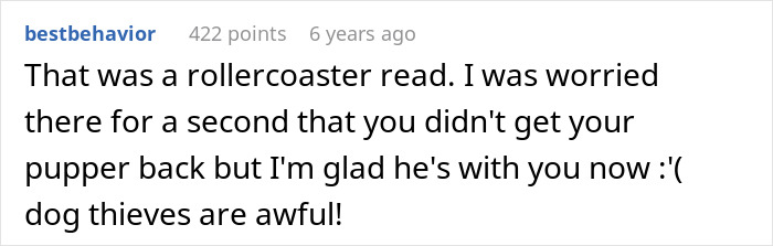 Comment about dog thieves expressing relief that the husky was safely returned to the owner after being stolen. - 45