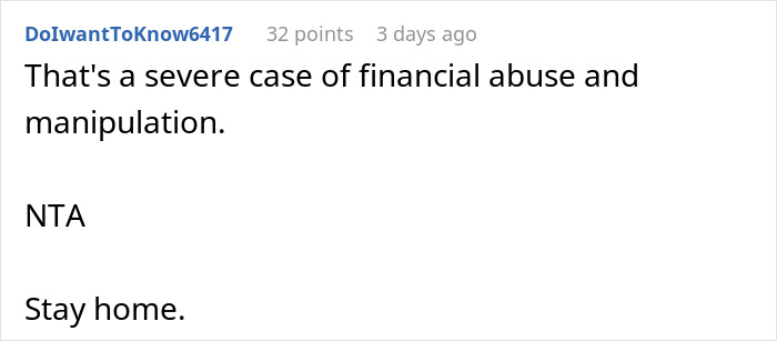 Screenshot of a Reddit comment discussing financial abuse in relation to a woman refusing to join a Christmas gift trip.