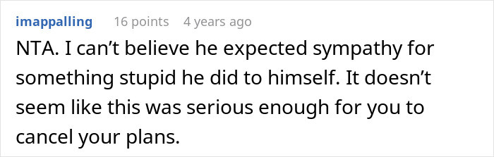 Comment discussing boyfriend&rsquo;s tantrum after girlfriend leaves on vacation despite his injury in an online forum.