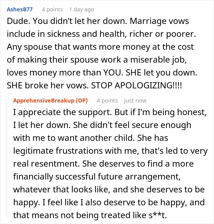 Screenshot of a Reddit discussion about wife humiliating husband and years of resentment on an unwanted trip.