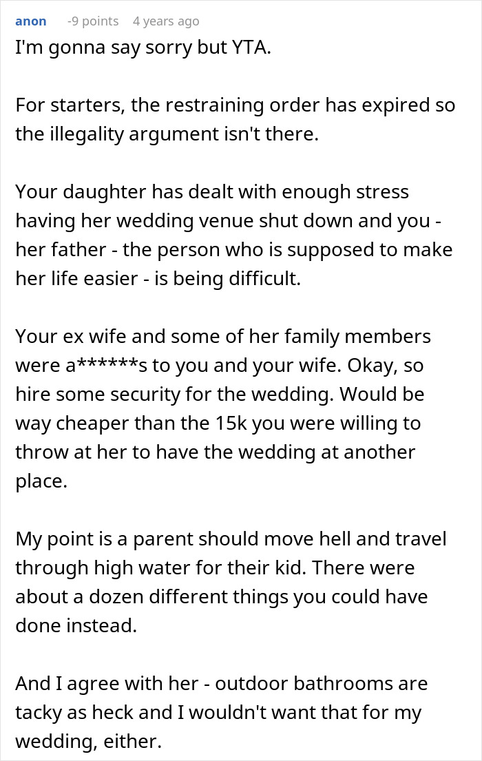 Comment discussing a man ruining relationship with daughter by refusing to let her get married in his yard.