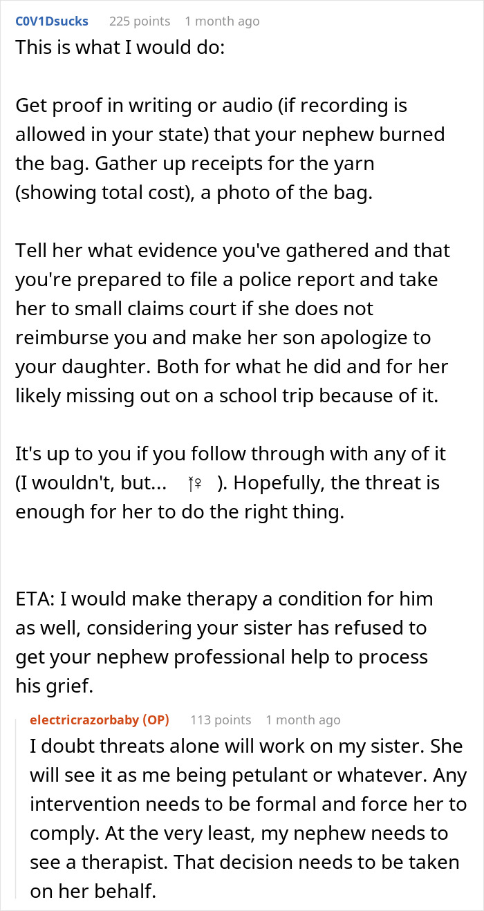 Text conversation discussing evidence, therapy, and legal actions in a dispute over a bag burned by a grieving son.