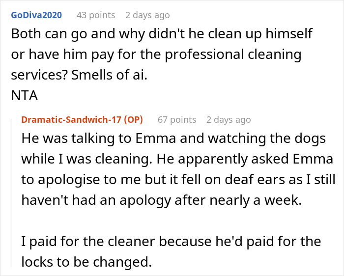 Screenshot of online discussion about woman agreeing to temporary houseguest, cleaning up after parties, and missing £4.2K payments. Screenshot of online discussion about woman agreeing to temporary houseguest, cleaning up after parties, and missing £4.2K payments.