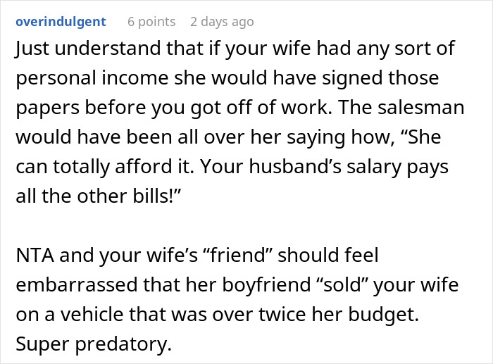 Husband drags wife out of car dealership before she can show him the car she wants, causing tension.