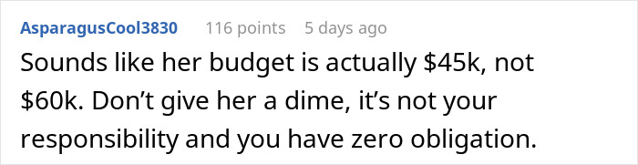 Commenter advises against giving money for dream wedding, highlighting accusation of hoarding money from sister’s inheritance. Commenter advises against giving money for dream wedding, highlighting accusation of hoarding money from sister’s inheritance.
