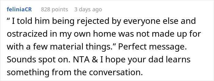 Screenshot of a Reddit comment discussing rejection by stepsiblings and a dad&rsquo;s indifferent reaction to a family dinner refusal.