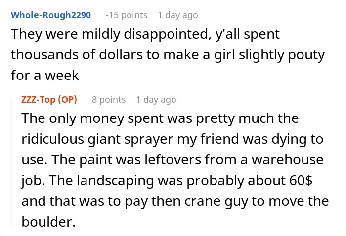 Reddit conversation discussing landlord&rsquo;s daughter and her unexpected surprise involving a cool house and landscaping costs.