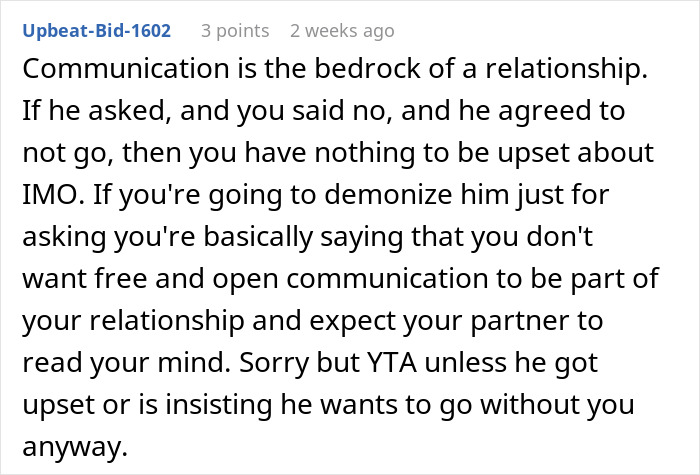 Comment discussing communication and relationship dynamics after a man asks wife's permission to travel alone post C-section.