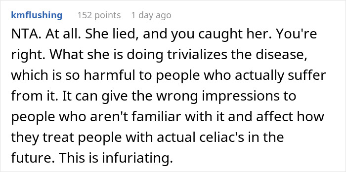 Comment from user kmflushing explaining why calling out a gluten-free colleague at a pizza party is justified and affects celiac awareness. Comment from user kmflushing explaining why calling out a gluten-free colleague at a pizza party is justified and affects celiac awareness.
