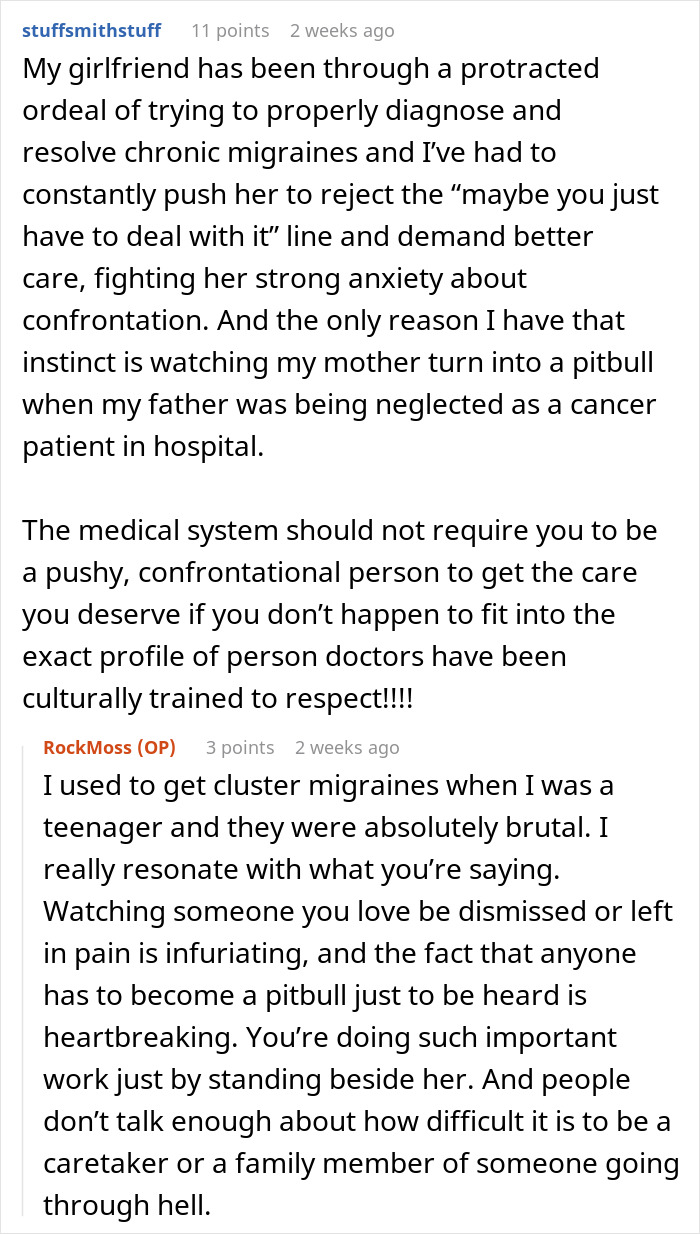 Reddit comments discussing chronic pain being dismissed by doctors until believed when supported by a spouse.