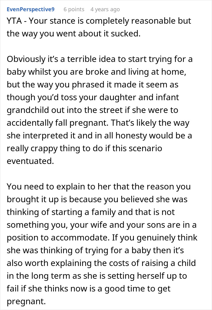 Screenshot of an online comment discussing parents forbidding their daughter to have a baby under their roof.
