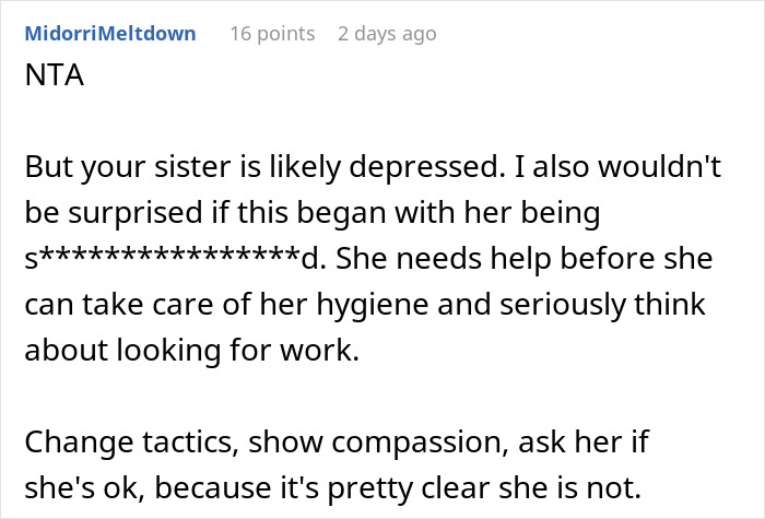 Screenshot of a Reddit comment discussing a woman blaming sexism for not landing a job and her sister's reality check.
