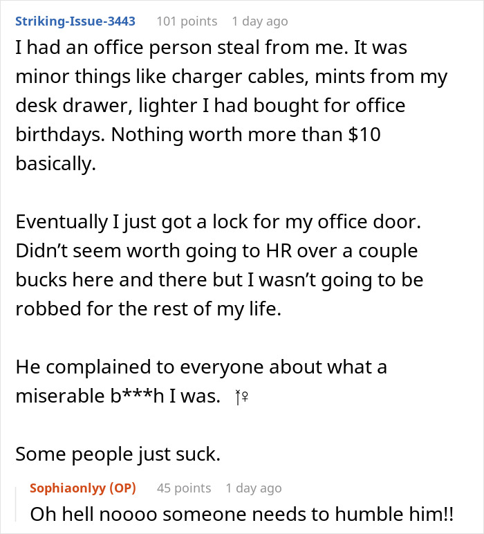 Text post describing minor office theft of items and securing belongings with a lock to prevent further theft.