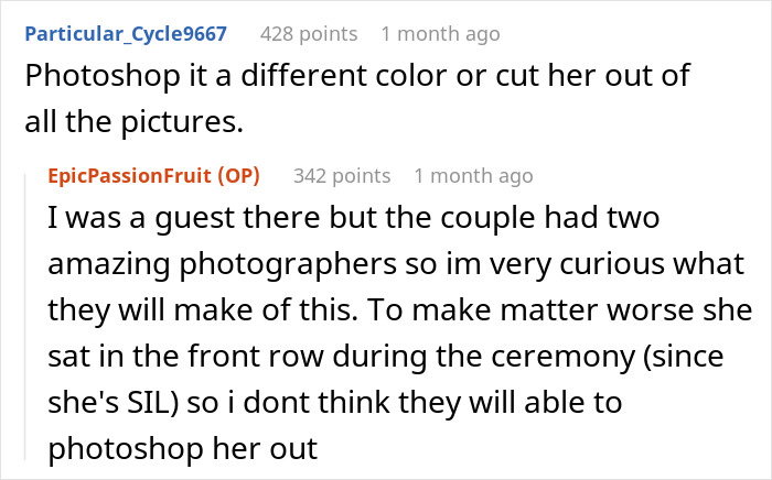 Comments discussing a groom's brother's girlfriend wearing a sage green dress mistaken for a white wedding dress.