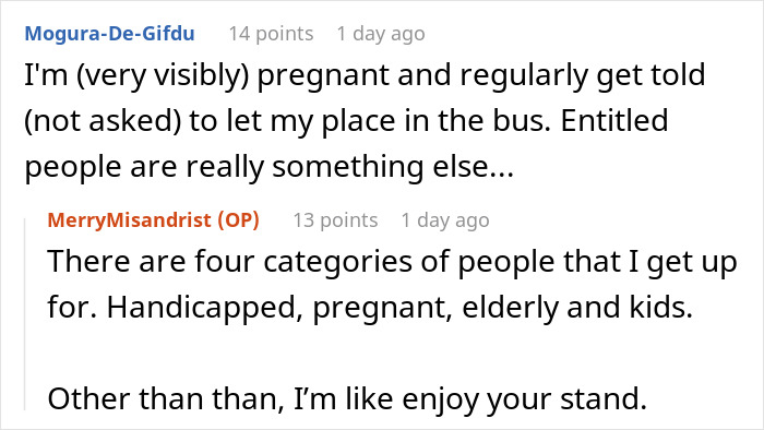 Commenter sharing experience with entitlement on public transport and standing up to train bully causing frustration.
