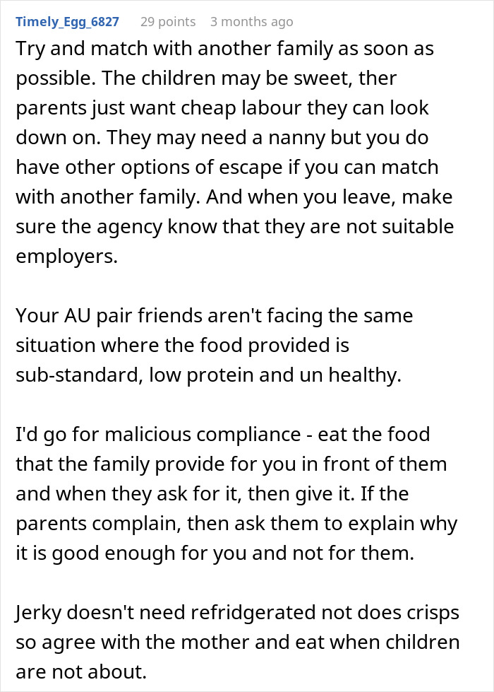 Comment advising a 19-year-old nanny from abroad on food restrictions and employer issues in an American family household.