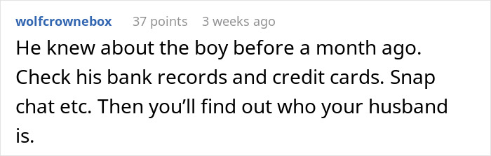 Screenshot of a social media comment about uncovering a husband’s hidden affair through bank records and credit card checks. Screenshot of a social media comment about uncovering a husband’s hidden affair through bank records and credit card checks.
