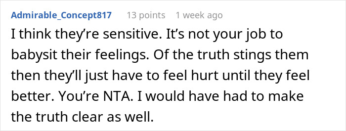 Comment from Admirable_Concept817 discussing sensitivity and truth in a mother-in-law baby name correction situation.