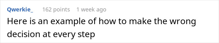 Text comment about making the wrong decision, illustrating frustration related to GF canceling dream vacation and unexpected invite.