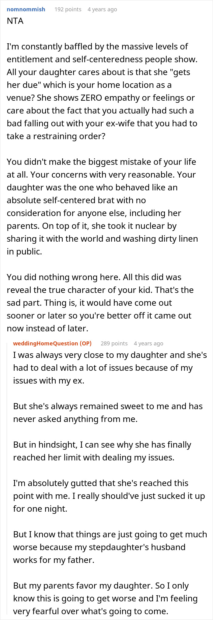 Reddit discussion about a man refusing to let his daughter get married in his yard, ruining their relationship.