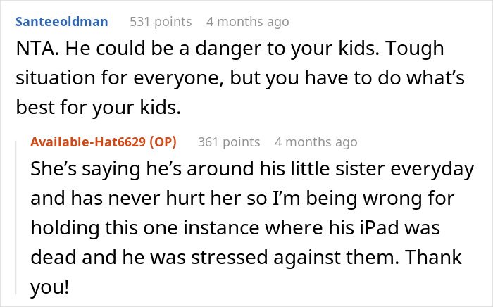 Online discussion about woman refusing to babysit her autistic nephew after he injures her daughter and spits on her