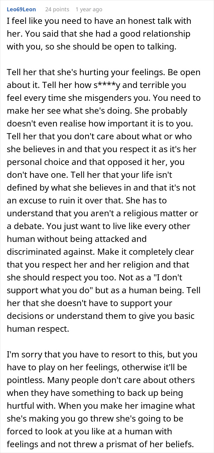 Comment advising honest talk to address feelings when a coworker misgenders someone with Muslim religion.