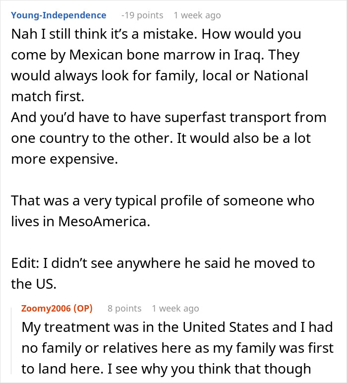 Person thinks DNA test mixed, discussing doubts about ancestry and origin of Mexican bone marrow in an online forum conversation.