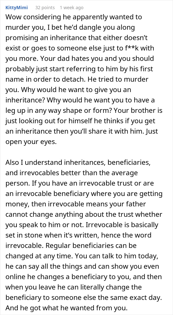 Comment discussing possible motives behind a man getting sick from food his dad has touched.