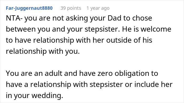 Comment explaining no obligation to maintain relationship with stepsister after old fight, highlighting family ties cut.