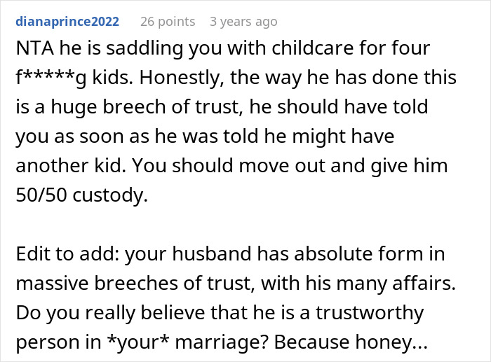 Comment discussing a man promising a quiet life with two kids, then adding a stepdaughter, causing trust issues.