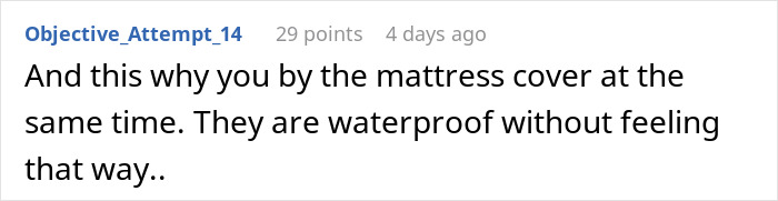 Screenshot of a web comment discussing mattress covers related to a man who wets the bed and doesn&rsquo;t think it&rsquo;s a big deal.