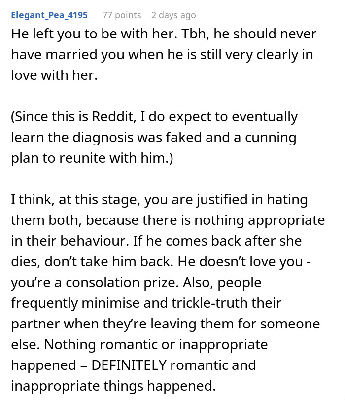 Reddit comment discussing woman questioning marriage after husband leaves to care for his terminally ill ex-wife.