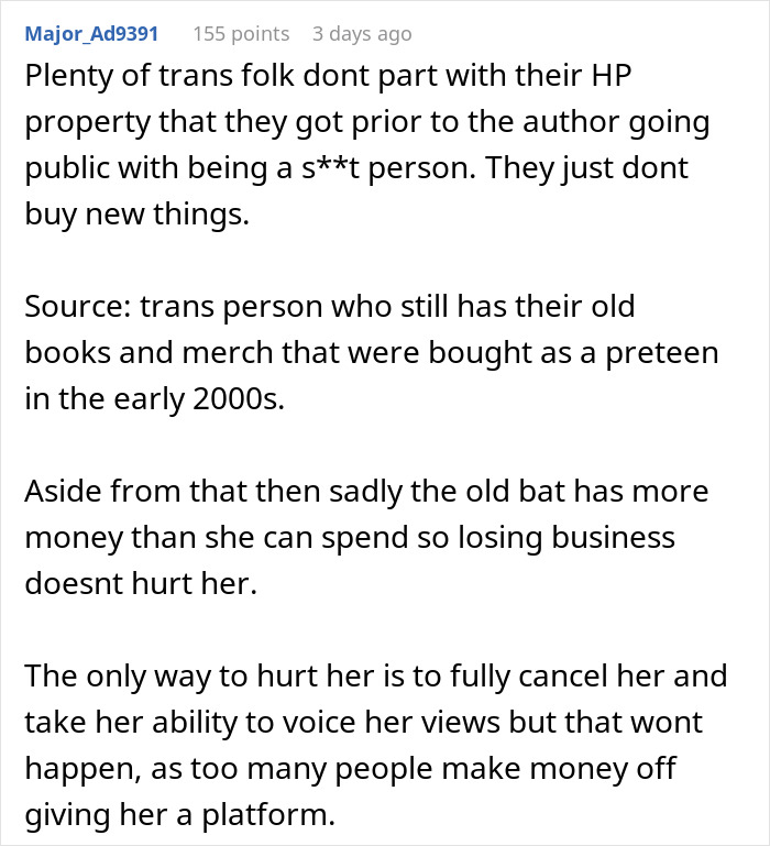 Comment discussing backlash against a woman giving her kids Harry Potter books amid bigoted and hateful family reactions.