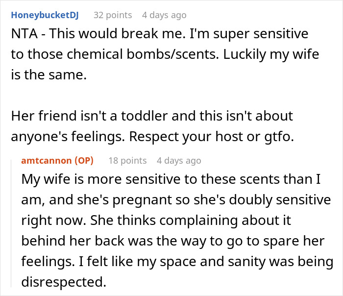 Screenshot of an online discussion about a family hosting a divorcing friend who floods their home with nasty scents.