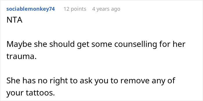 Screenshot of an online comment discussing a guy refusing to remove a tattoo of his late son's name despite his girlfriend finding it a trigger.