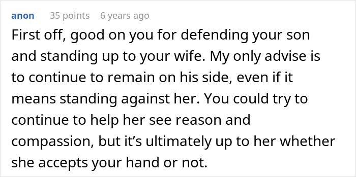 Comment praising dad for standing by gay son and advising continued support despite wife's rejection and conflict.