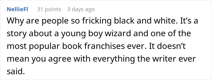 Comment emphasizing the popularity of a young boy wizard story amid bigoted and hateful reactions from a family.