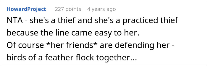 Screenshot of an online comment discussing a thief caught stealing vegetables claiming to know the owner.