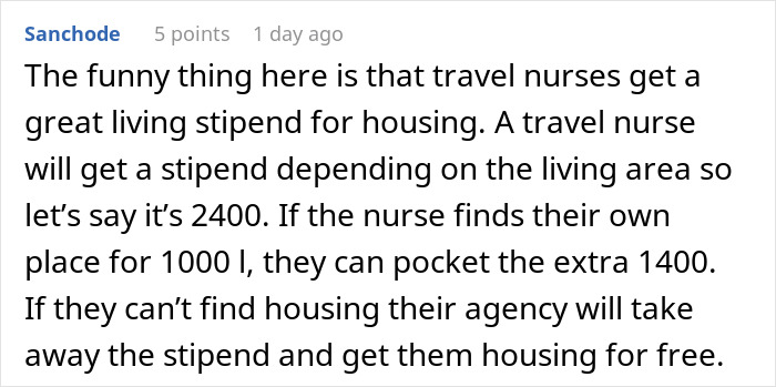 Text conversation discussing travel nurses receiving housing stipends and the impact of finding their own place. Text conversation discussing travel nurses receiving housing stipends and the impact of finding their own place.