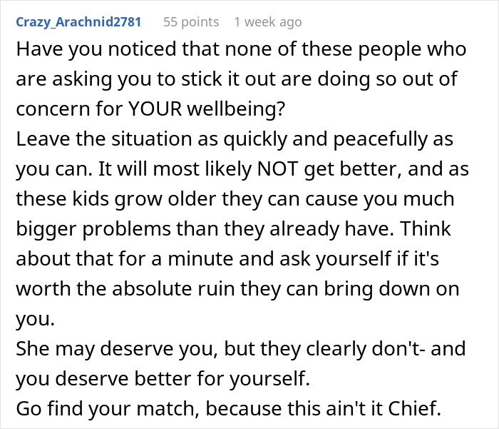 Comment advising to leave relationship peacefully due to problems with fiancee&rsquo;s kids after years of trying to win them over.