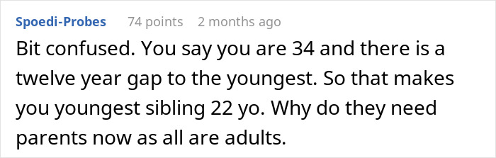 User comment text on a digital forum discussing the relationship siblings sister mom and adult children age gaps.